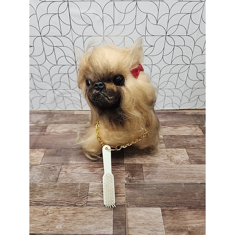 Vtg Herman Pecker MOHAIR PEKINGESE DOG Plush W/chain & Brush 1950-1960's Kitschy